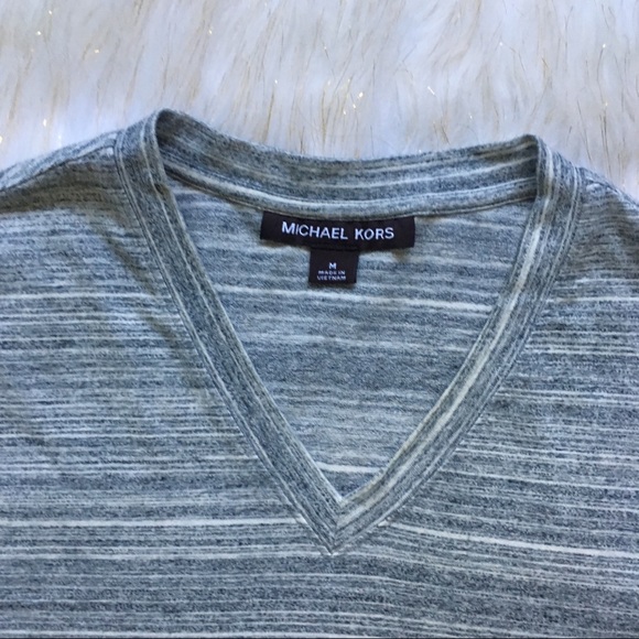 Michael Kors Gray Striped V-Neck Tee - Picture 2 of 6